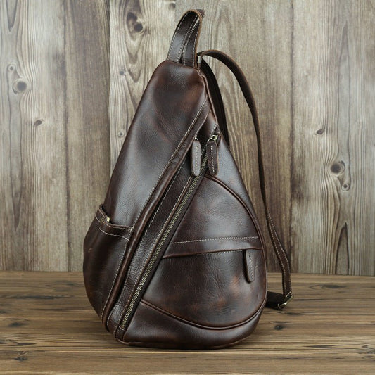 Men's Genuine Leather Clutch Chest Bag by LACHIOUR Coffee discoloration