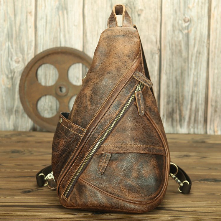 Men's Genuine Leather Clutch Chest Bag by LACHIOUR Light brown net