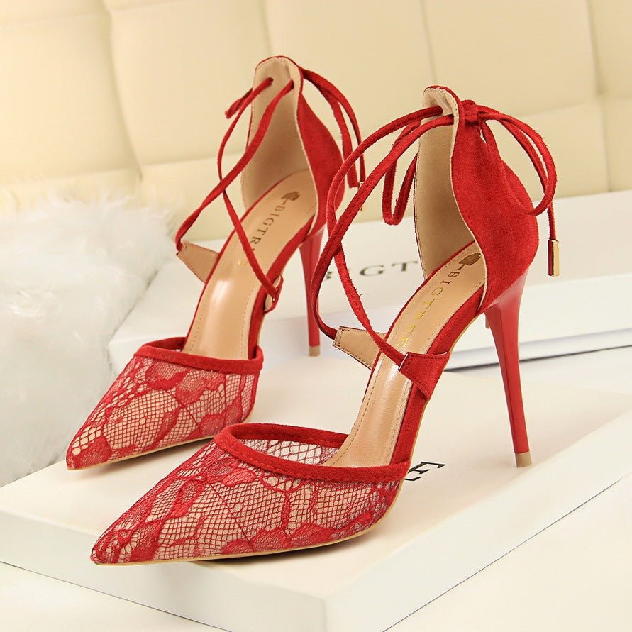 Mesh lace cross cut sandals Red