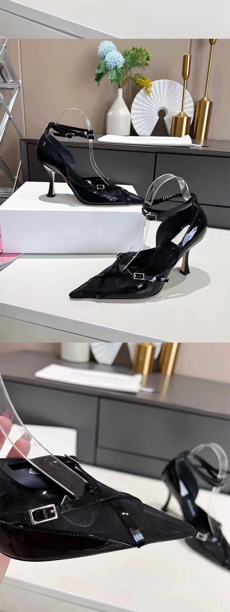 Mesh Pointed Cross Buckle High Heel Fashion Women's Shoes Black