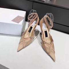 Mesh Pointed Cross Buckle High Heel Fashion Women's Shoes Camel