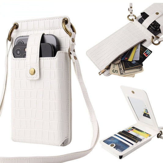 Multi - Function Clutch - Crossbody Bag with Crocodile - Pattern Wallet White