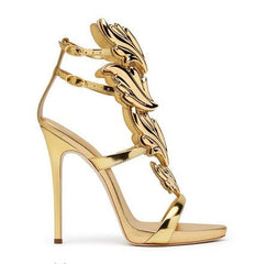 Multicolor Wings & Rhinestone Hollow Rome High Heels for Women Gold