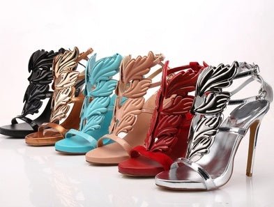 Multicolor Wings & Rhinestone Hollow Rome High Heels for Women Black velvet gold leaf