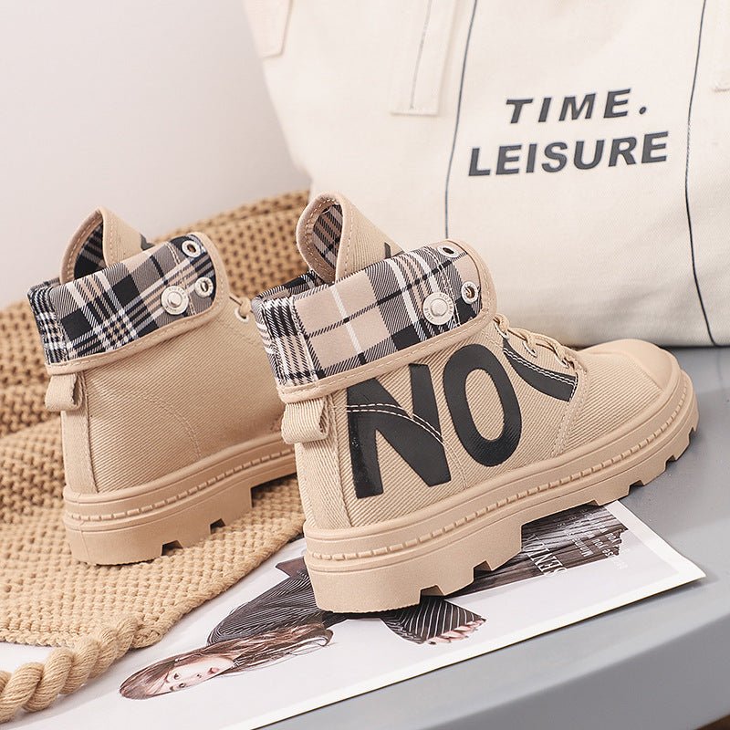 New All - match High - top Girls Canvas Short Boots Women's Shoes Khaki leather and cashmere