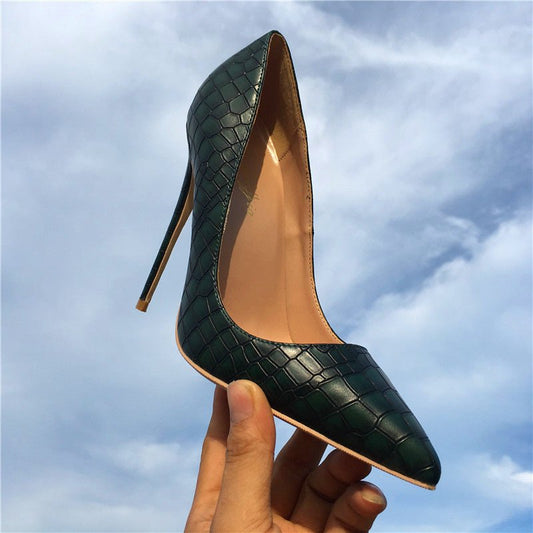 New dark green stone pattern high heels Green