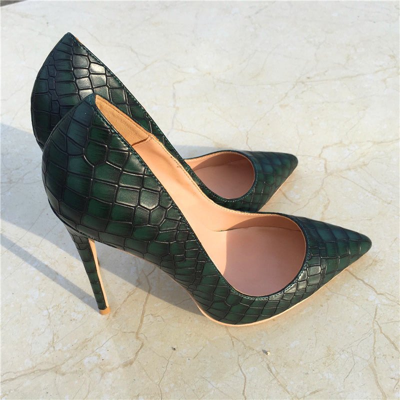 New dark green stone pattern high heels Green