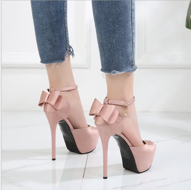 New Fish Mouth Sandals – Super High Heel Waterproof Platform with Silk Bow Detail Pink