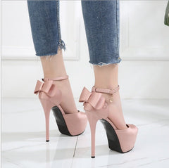 New Fish Mouth Sandals – Super High Heel Waterproof Platform with Silk Bow Detail Pink