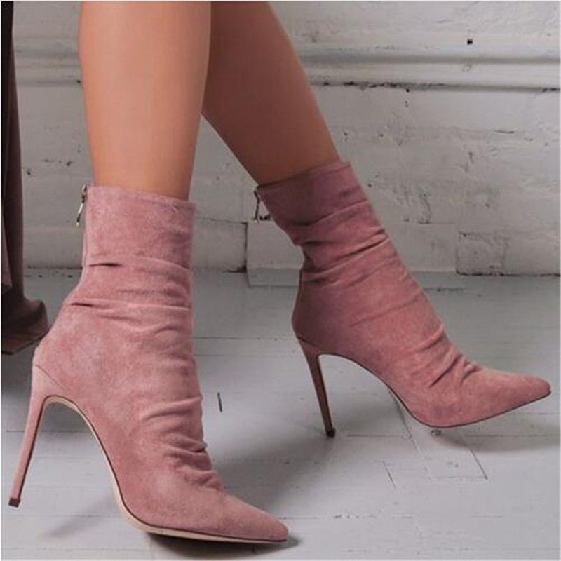 New wrinkled suede light high heel boots in autumn and winter Black