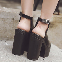 Peep Toe Sandals Chunky Heel High Heel Waterproof Black