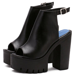 Peep Toe Sandals Chunky Heel High Heel Waterproof Black