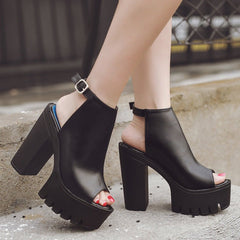 Peep Toe Sandals Chunky Heel High Heel Waterproof Black