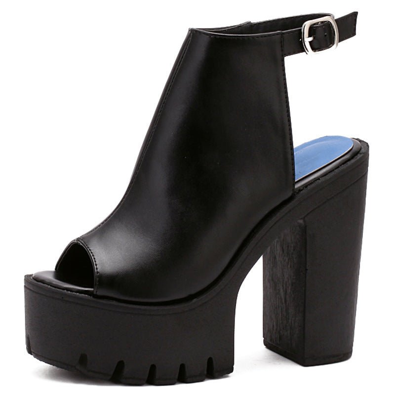Peep Toe Sandals Chunky Heel High Heel Waterproof Black