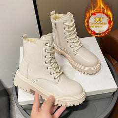 Platform Head British Style Square Heel Round Casual Women's Boots Beige