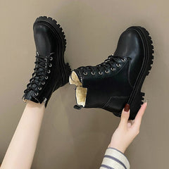 Platform Head British Style Square Heel Round Casual Women's Boots Black