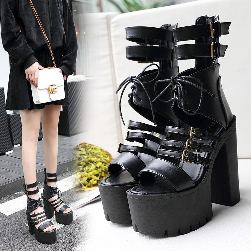 Platform Thick High Heel Open - Toe Sandals black