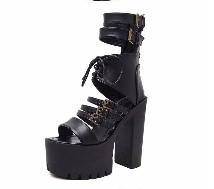 Platform Thick High Heel Open - Toe Sandals black