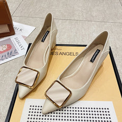 Pointed Shallow Mouth Single Shoes Square Buckle Commuter Beige
