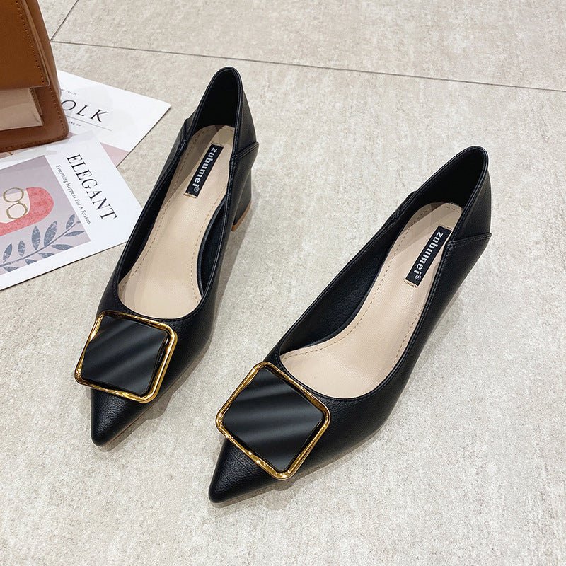 Pointed Shallow Mouth Single Shoes Square Buckle Commuter Black