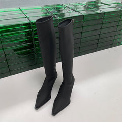 Pointed Toe Below The Knee Boots Back Zipper Stiletto Heel Black