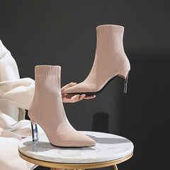 Pointed Toe Boots Women Sock Shoes Black