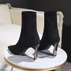 Pointed Toe Boots Women Sock Shoes Black