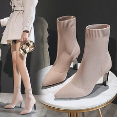 Pointed Toe Boots Women Sock Shoes Black