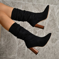Pointed Toe High Block Heels Boots Black