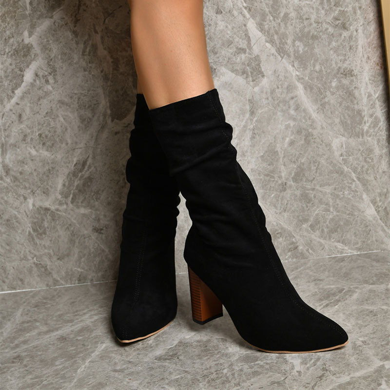 Pointed Toe High Block Heels Boots Black