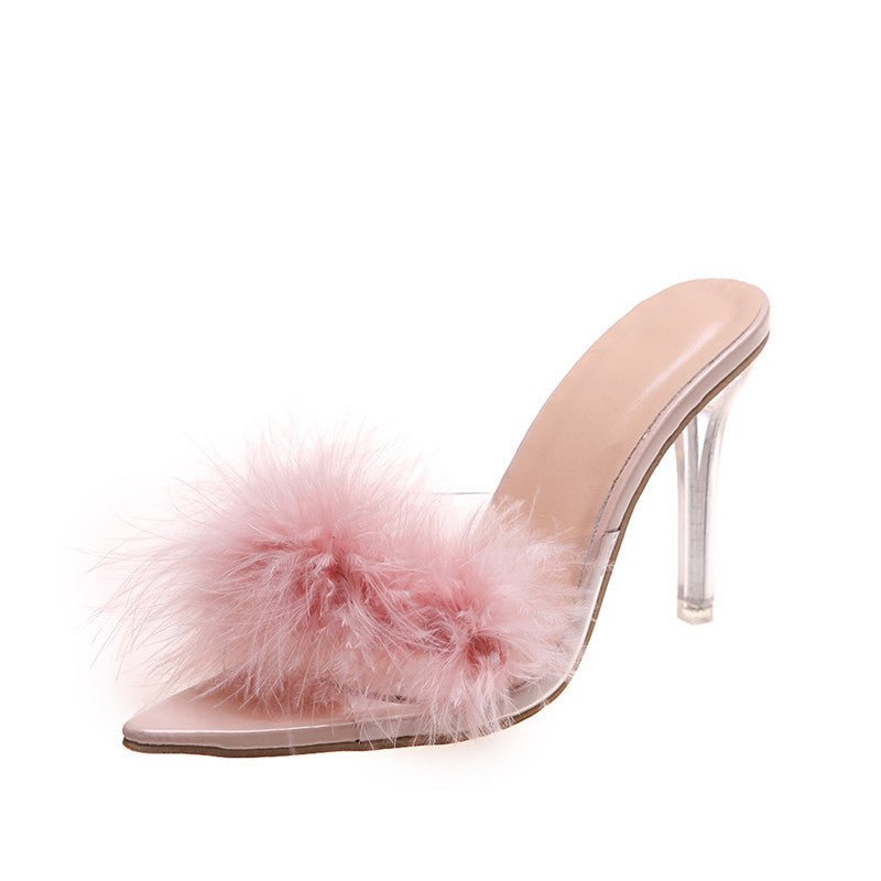 Pointed Toe High Heel Sandals Plus Size Open Toe Furry Stiletto Heel Pink