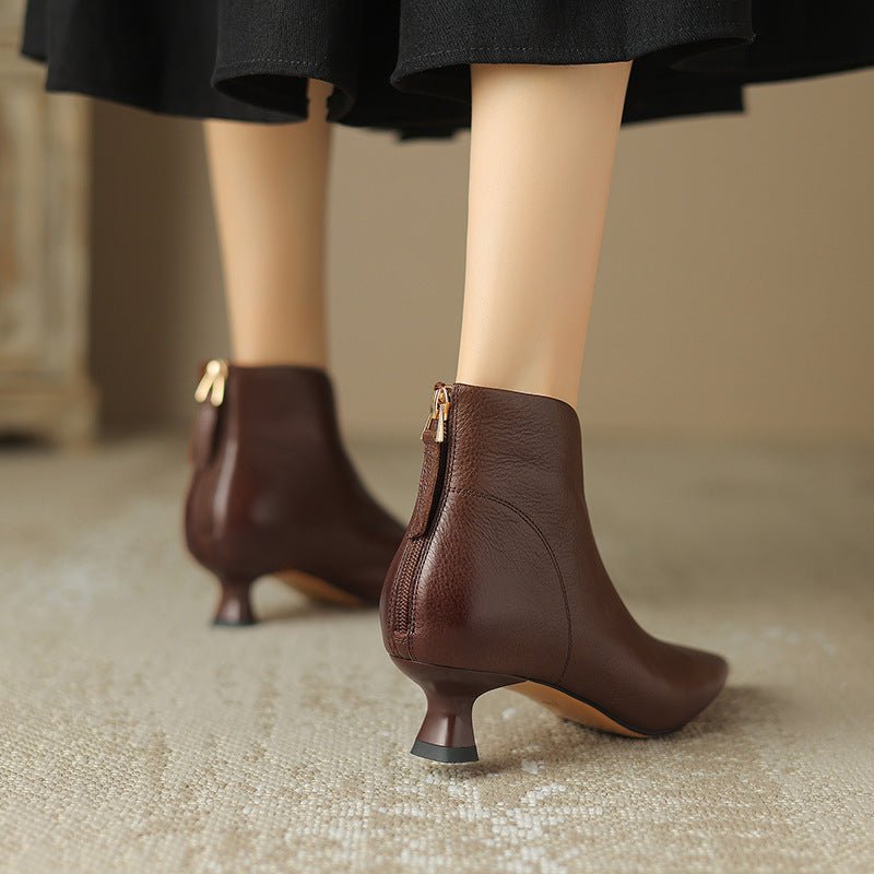Pointed Toe Kitten Heel Short Boots For Women Brown