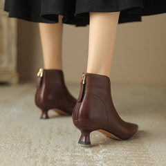 Pointed Toe Kitten Heel Short Boots For Women Brown
