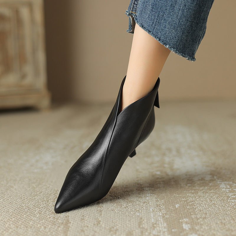 Pointed Toe Kitten Heel Short Boots For Women Black
