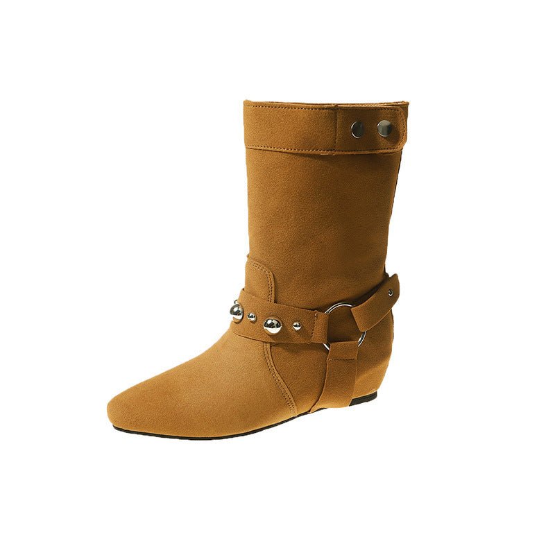 Pointed Women's Rivet Belt Buckle Flat Ankle Boots Army Green