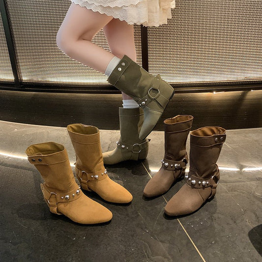 Pointed Women's Rivet Belt Buckle Flat Ankle Boots Army Green