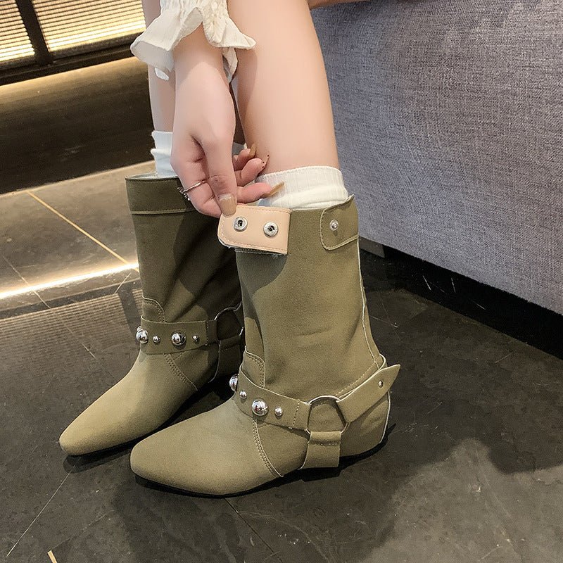 Pointed Women's Rivet Belt Buckle Flat Ankle Boots Army Green