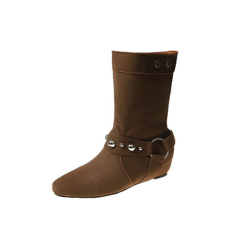 Pointed Women's Rivet Belt Buckle Flat Ankle Boots Brown