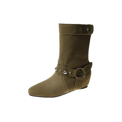 Pointed Women's Rivet Belt Buckle Flat Ankle Boots Army Green