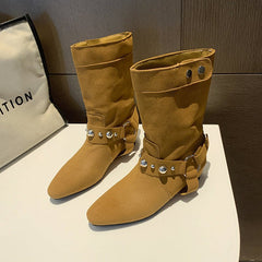 Pointed Women's Rivet Belt Buckle Flat Ankle Boots Brown