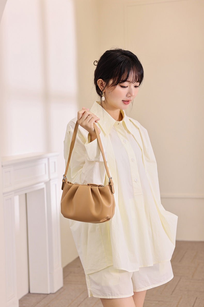 Premium Leather Folds Cloud Bag - One - Shoulder Crossbody Underarm Brown
