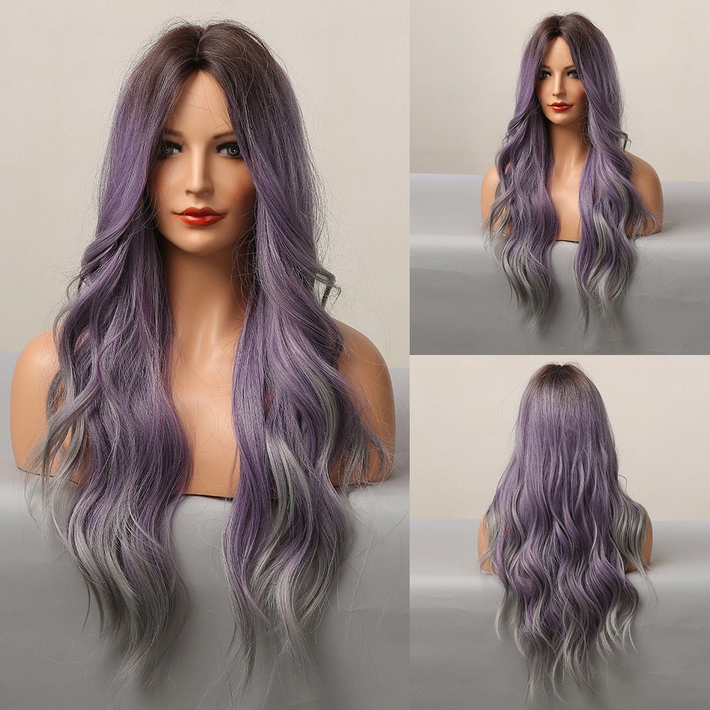 Purple Mixed Color Medium Curly Hair Women's High Temperature Silk Wig Purple