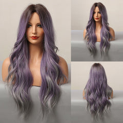 Purple Mixed Color Medium Curly Hair Women's High Temperature Silk Wig Purple