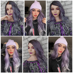 Purple Mixed Color Medium Curly Hair Women's High Temperature Silk Wig Purple