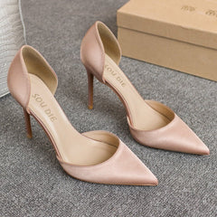 Real silk satin hollow pointed stiletto heels Nude