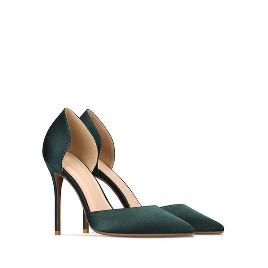 Real silk satin hollow pointed stiletto heels Green
