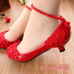 Red Bridal Shoes Pearl Anklet Large Size Women's Shoes 3cm Heel