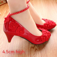 Red Bridal Shoes Pearl Anklet Large Size Women's Shoes 3cm Heel