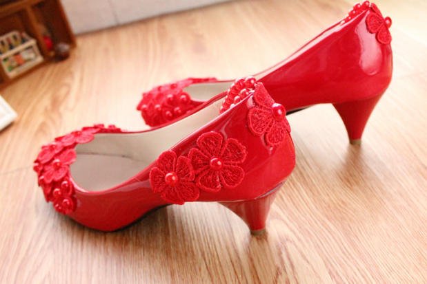 Red Bridal Shoes Pearl Anklet Large Size Women's Shoes 3cm Heel