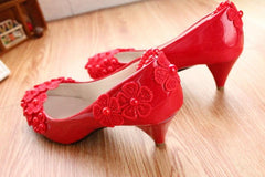 Red Bridal Shoes Pearl Anklet Large Size Women's Shoes 3cm Heel